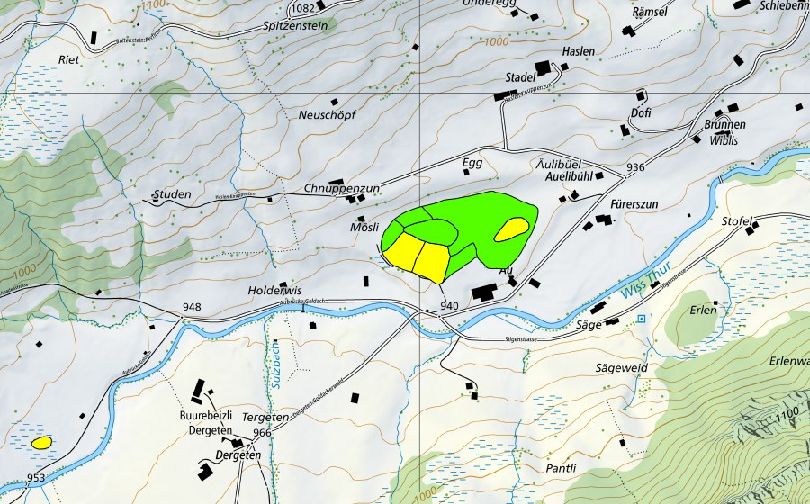 swisstopo national map showing the protected perimeter of Au/Hinterlaad (Raised bog)