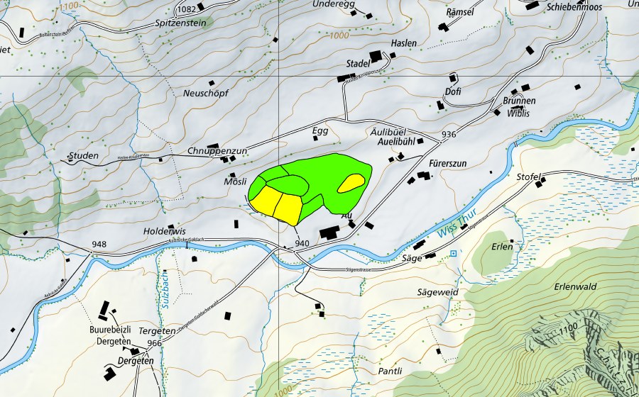 Carte nationale swisstopo avec le périmètre protégé de Au/Hinterlaad (Haut-marais)