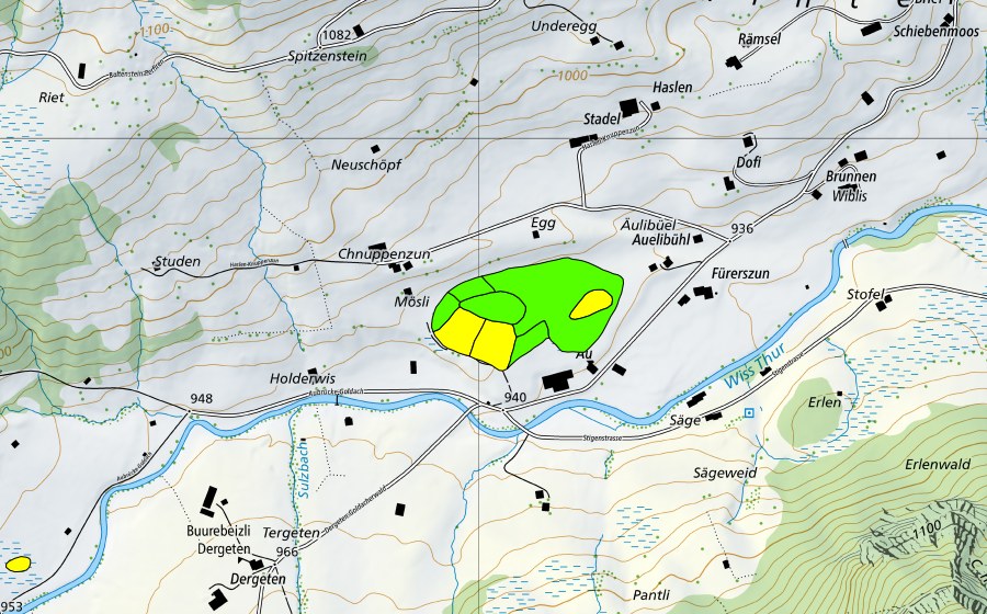 Carte nationale swisstopo avec le périmètre protégé de Au/Hinterlaad (Haut-marais)