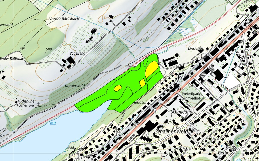 Carte nationale swisstopo avec le périmètre protégé de Ausfluss des Rotsees (Haut-marais)