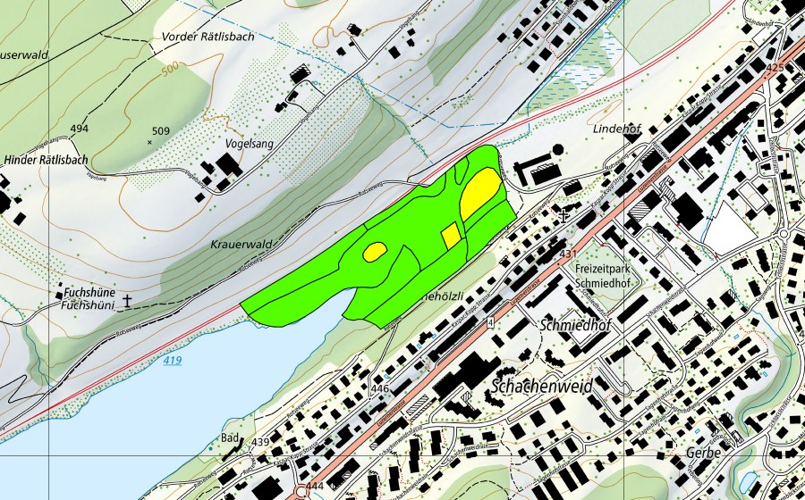 Carte nationale swisstopo avec le périmètre protégé de Ausfluss des Rotsees (Haut-marais)