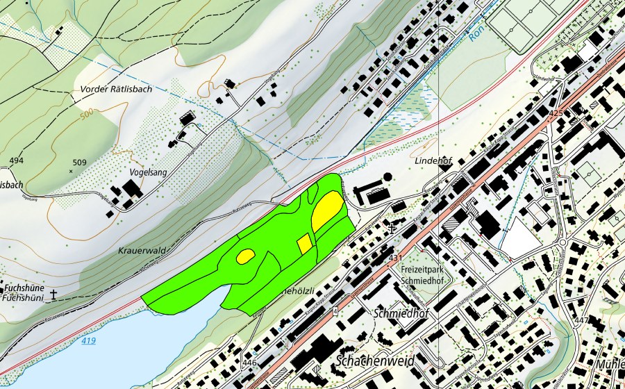 Carte nationale swisstopo avec le périmètre protégé de Ausfluss des Rotsees (Haut-marais)