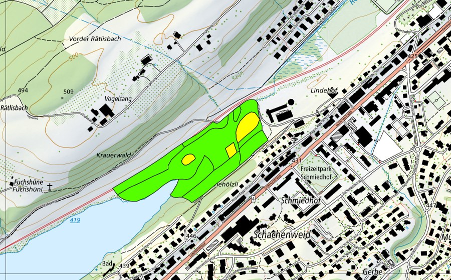 Carte nationale swisstopo avec le périmètre protégé de Ausfluss des Rotsees (Haut-marais)