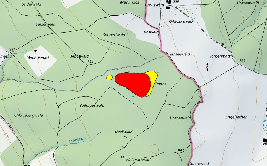 swisstopo national map showing the protected perimeter of Ballmoos Lieli (Raised bog)