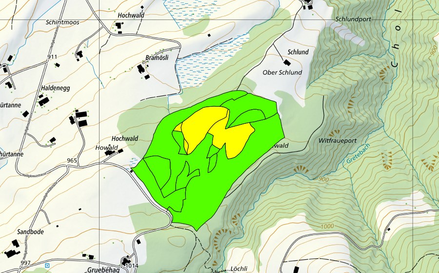 swisstopo national map showing the protected perimeter of Balmoos (Raised bog)