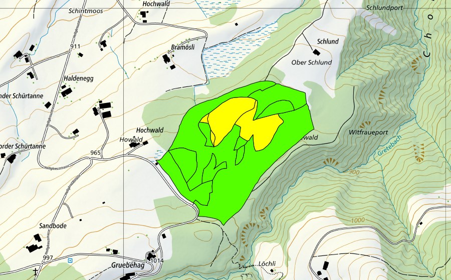 swisstopo national map showing the protected perimeter of Balmoos (Raised bog)
