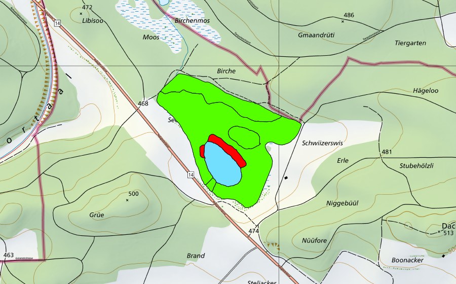 Carte nationale swisstopo avec le périmètre protégé de Barchetsee (Haut-marais)