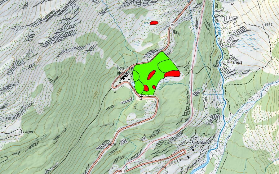 Landeskarte swisstopo mit dem Schutzperimeter von Bärfel (Hochmoor)