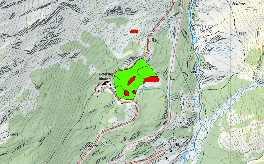 swisstopo national map showing the protected perimeter of Bärfel (Raised bog)