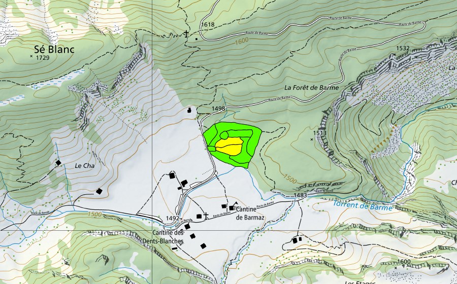 Carte nationale swisstopo avec le périmètre protégé de Barme (Haut-marais)