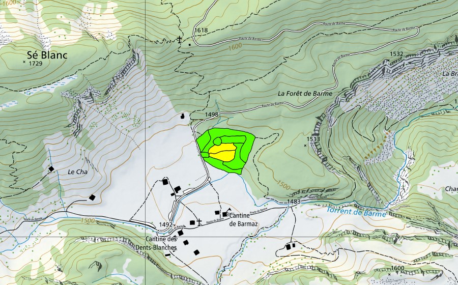 Carte nationale swisstopo avec le périmètre protégé de Barme (Haut-marais)
