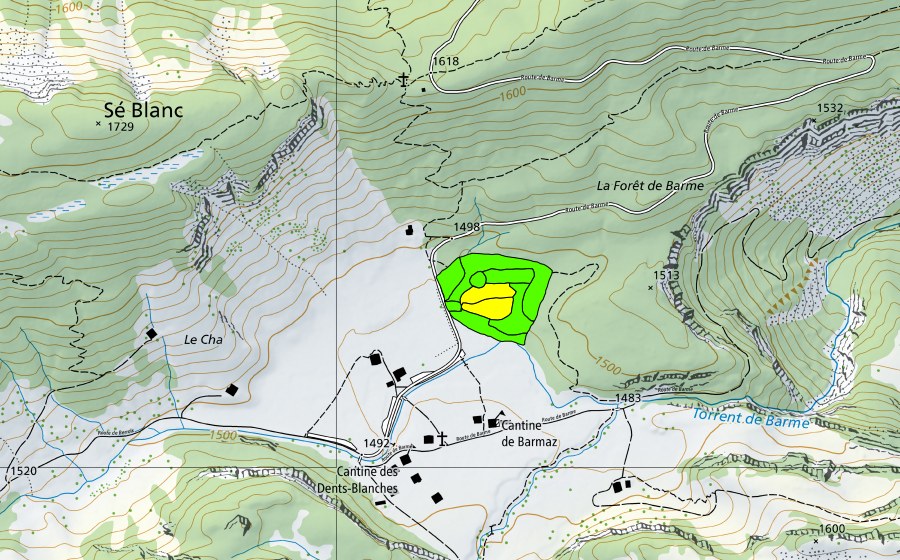 swisstopo national map showing the protected perimeter of Barme (Raised bog)