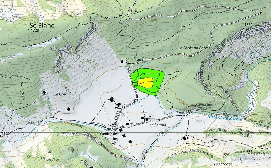 Carte nationale swisstopo avec le périmètre protégé de Barme (Haut-marais)