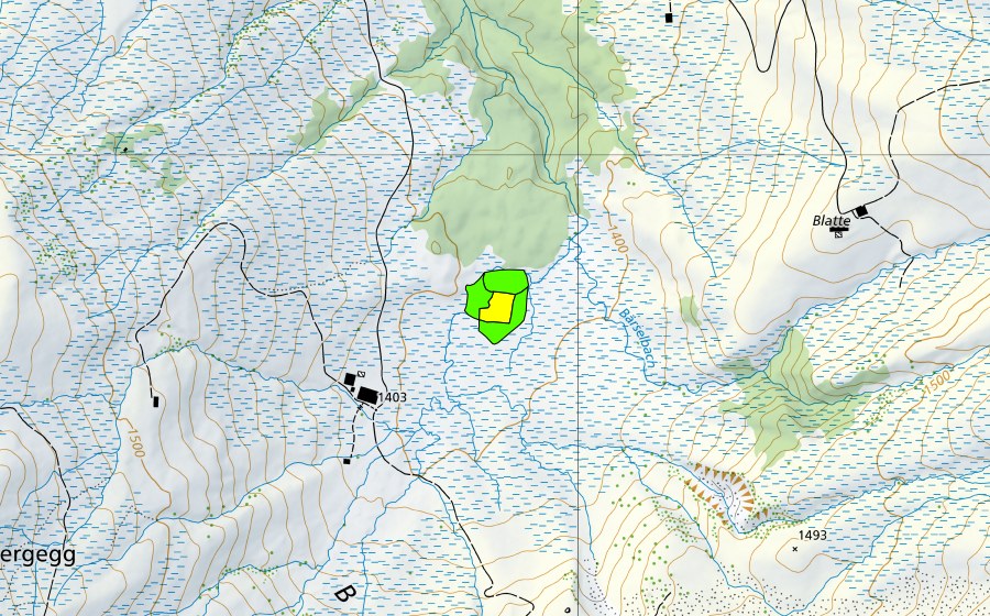 swisstopo national map showing the protected perimeter of Bärsel (Raised bog)