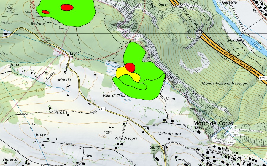 swisstopo national map showing the protected perimeter of Bedrina (Raised bog)