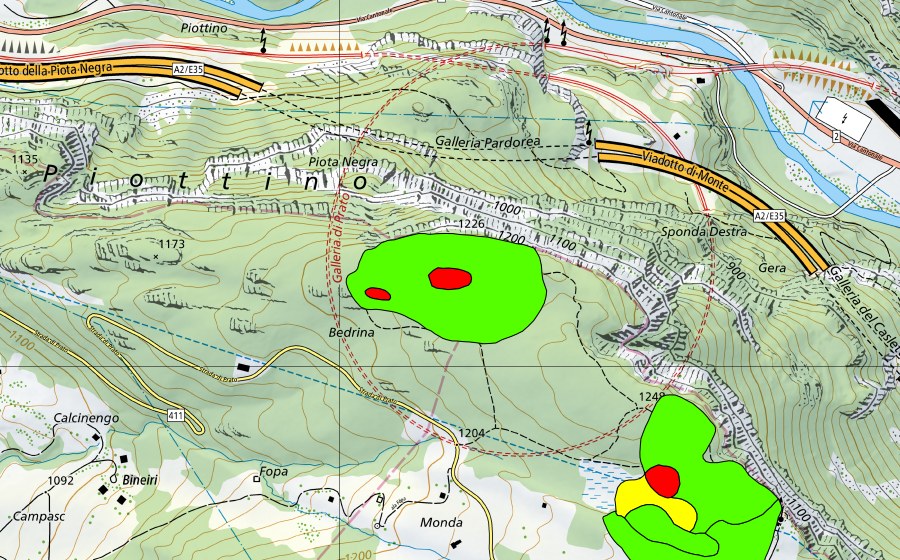 Landeskarte swisstopo mit dem Schutzperimeter von Bedrina (Hochmoor)