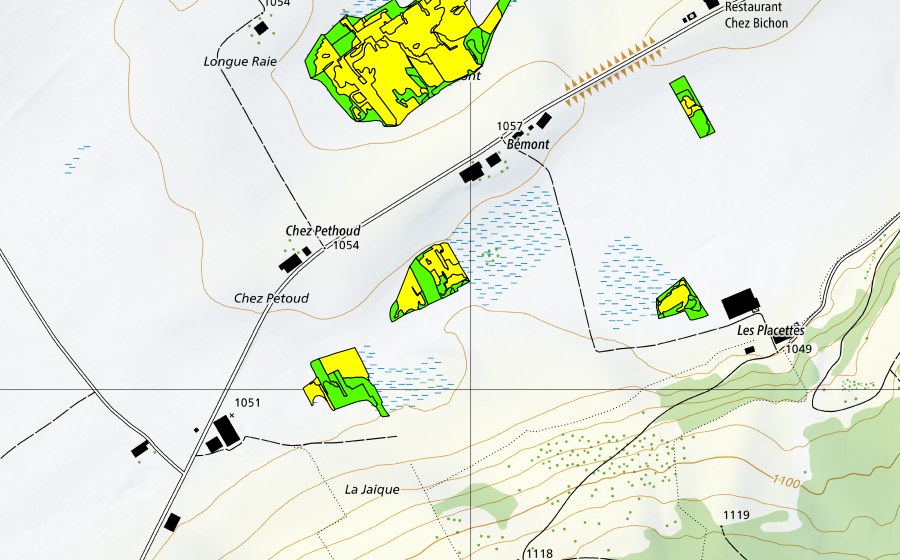 swisstopo national map showing the protected perimeter of Bémont/Chez Petoud (Raised bog)