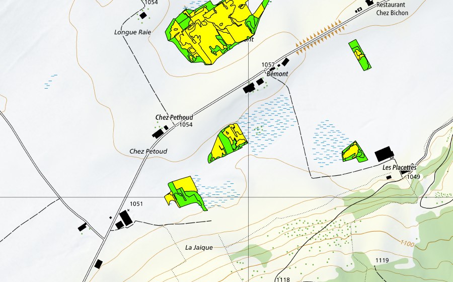 swisstopo national map showing the protected perimeter of Bémont/Chez Petoud (Raised bog)