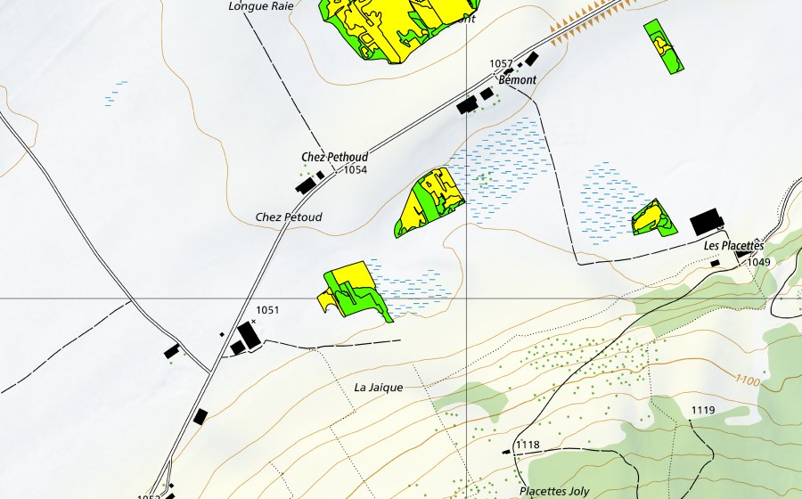 swisstopo national map showing the protected perimeter of Bémont/Chez Petoud (Raised bog)