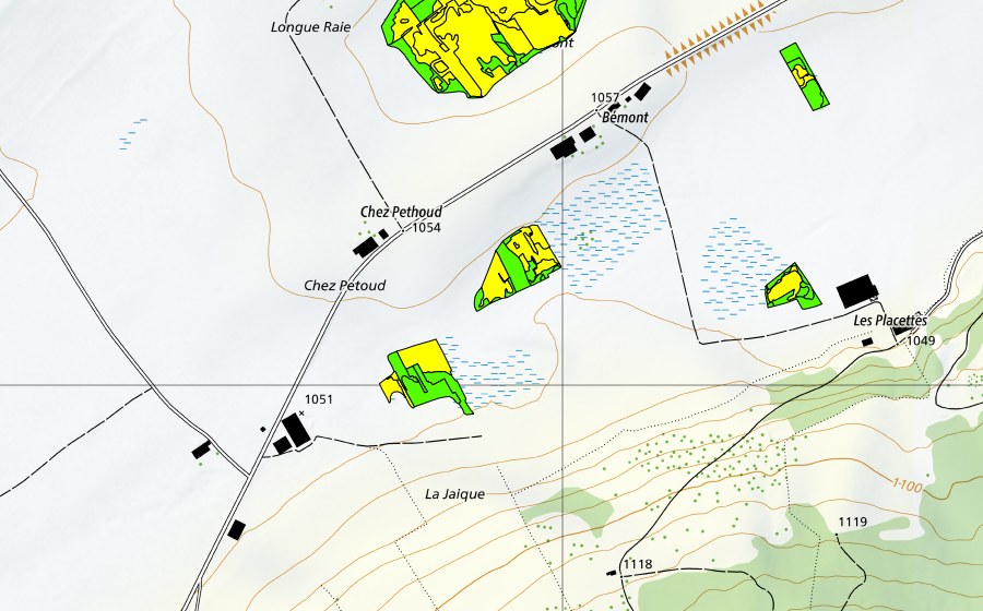 Carte nationale swisstopo avec le périmètre protégé de Bémont/Chez Petoud (Haut-marais)