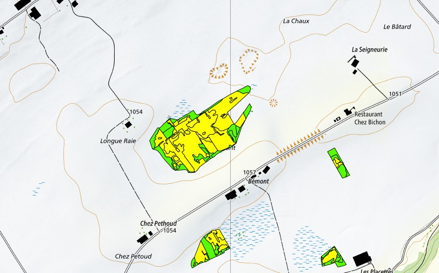 Carte nationale swisstopo avec le périmètre protégé de Bémont/Chez Petoud (Haut-marais)