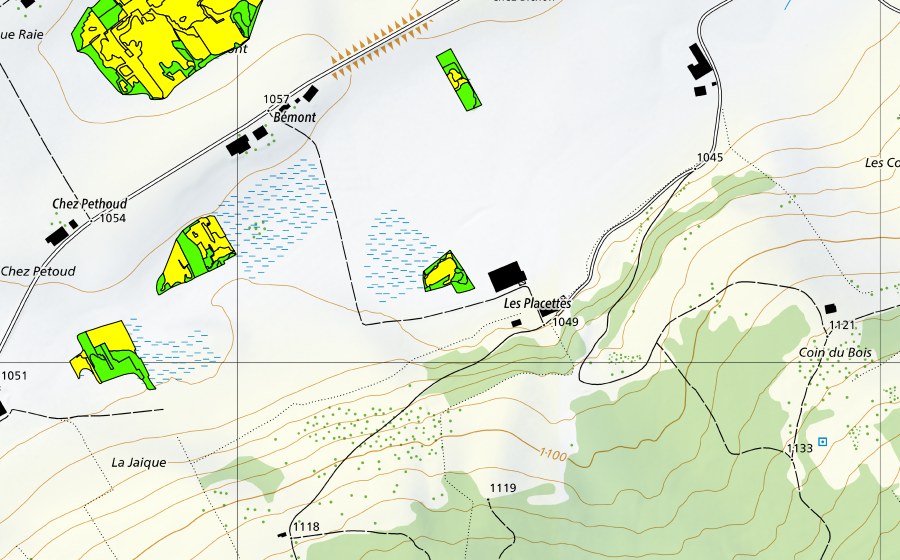 Landeskarte swisstopo mit dem Schutzperimeter von Bémont/Chez Petoud (Hochmoor)