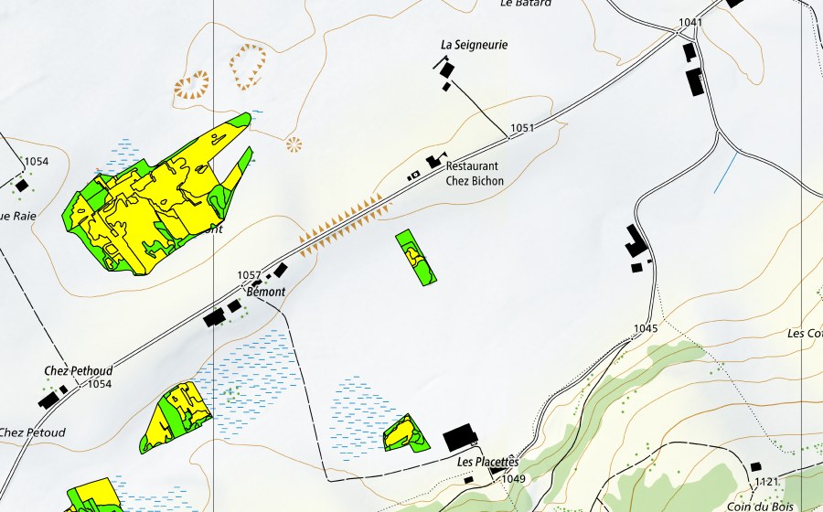 swisstopo national map showing the protected perimeter of Bémont/Chez Petoud (Raised bog)
