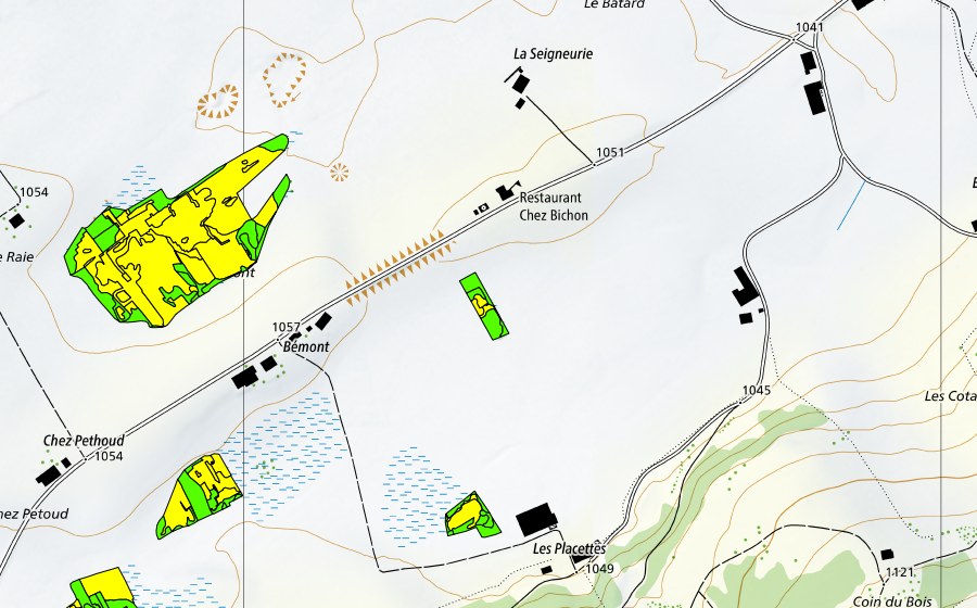 Landeskarte swisstopo mit dem Schutzperimeter von Bémont/Chez Petoud (Hochmoor)