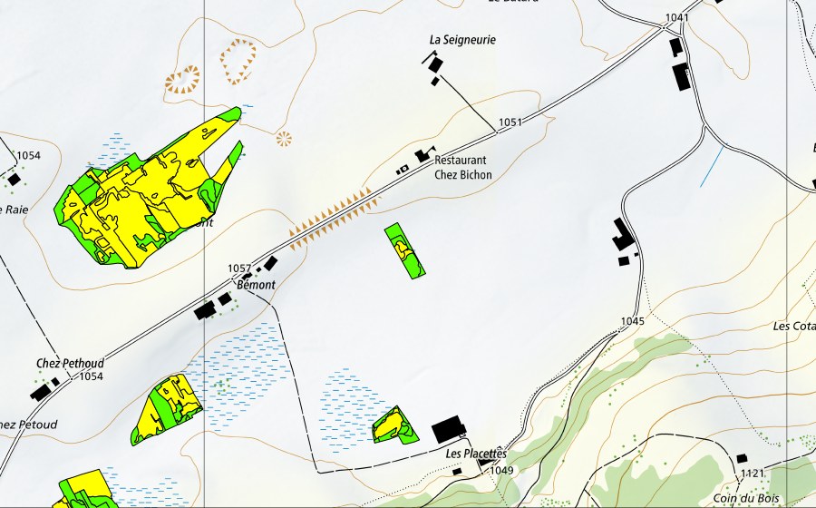swisstopo national map showing the protected perimeter of Bémont/Chez Petoud (Raised bog)