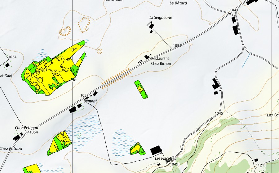 Carte nationale swisstopo avec le périmètre protégé de Bémont/Chez Petoud (Haut-marais)