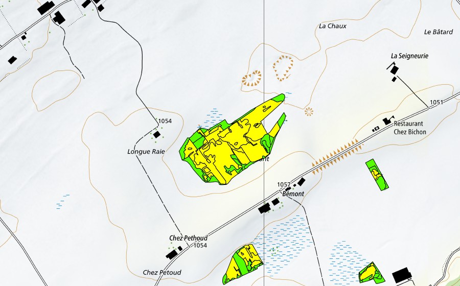 swisstopo national map showing the protected perimeter of Bémont/Chez Petoud (Raised bog)