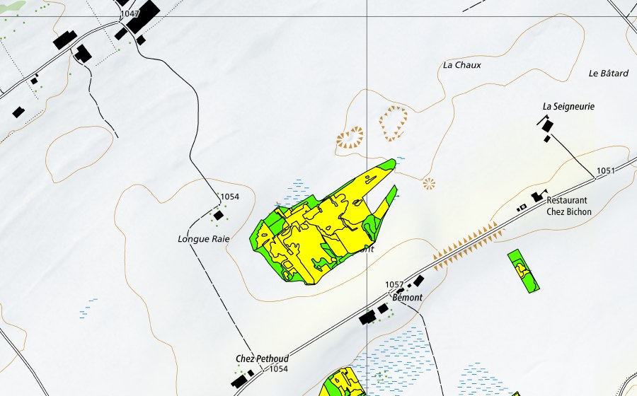 swisstopo national map showing the protected perimeter of Bémont/Chez Petoud (Raised bog)