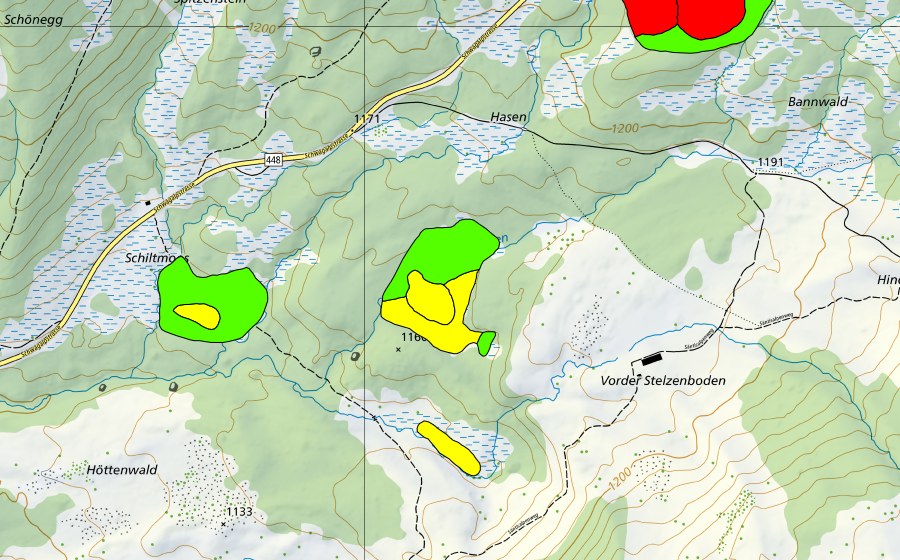 Carte nationale swisstopo avec le périmètre protégé de Bilchenriet/Unterwald/Schiltmoos (Haut-marais)