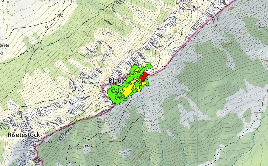 Carte nationale swisstopo avec le périmètre protégé de Blaue Tosse (Haut-marais)
