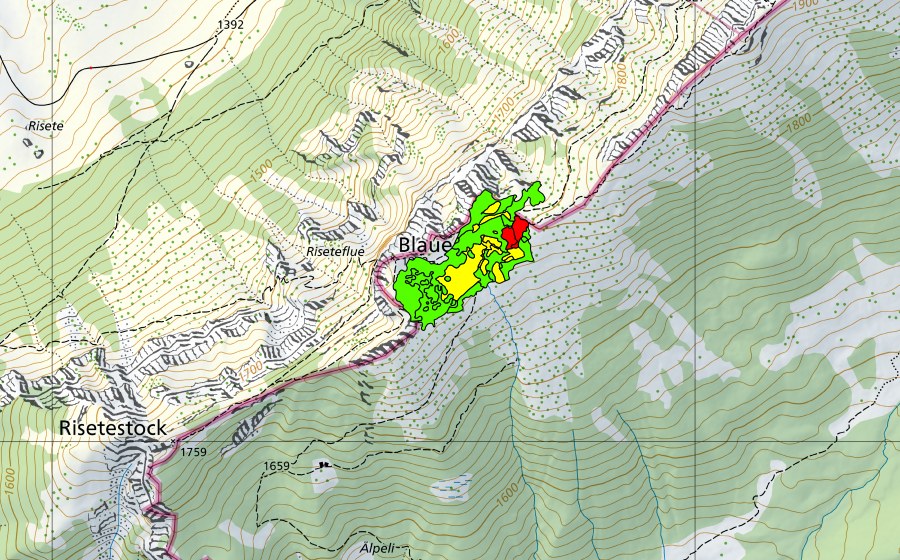 Landeskarte swisstopo mit dem Schutzperimeter von Blaue Tosse (Hochmoor)