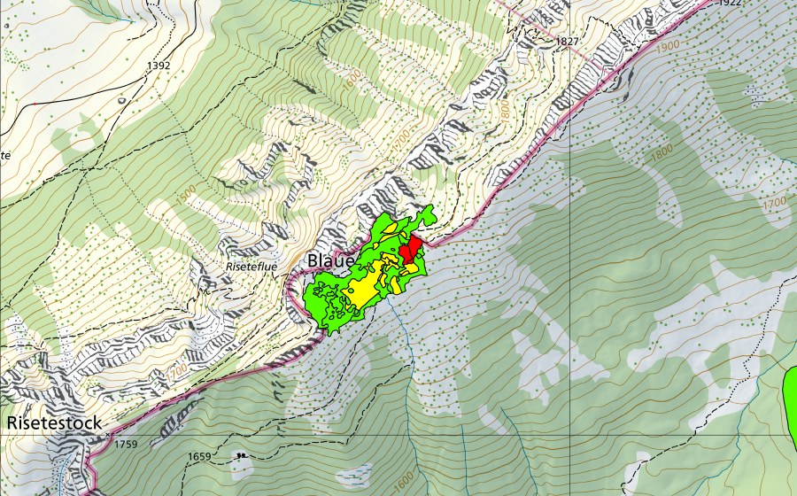 Carte nationale swisstopo avec le périmètre protégé de Blaue Tosse (Haut-marais)