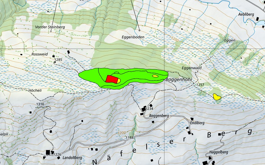Carte nationale swisstopo avec le périmètre protégé de Boggenberg (Haut-marais)