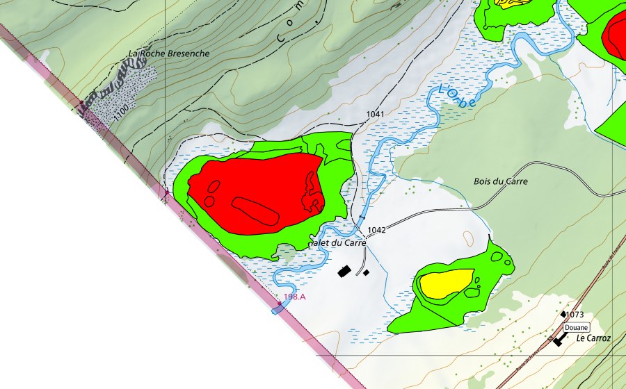 swisstopo national map showing the protected perimeter of Bois du Carre (Raised bog)