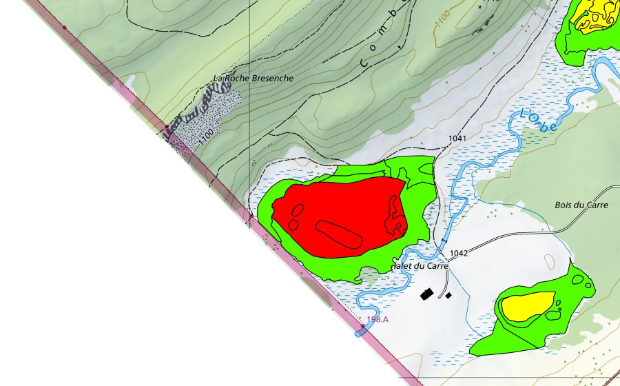swisstopo national map showing the protected perimeter of Bois du Carre (Raised bog)