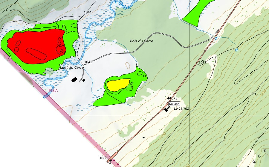 swisstopo national map showing the protected perimeter of Bois du Carre (Raised bog)
