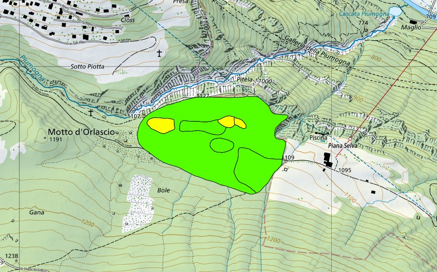 Carte nationale swisstopo avec le périmètre protégé de Bolle di Piana Selva (Haut-marais)