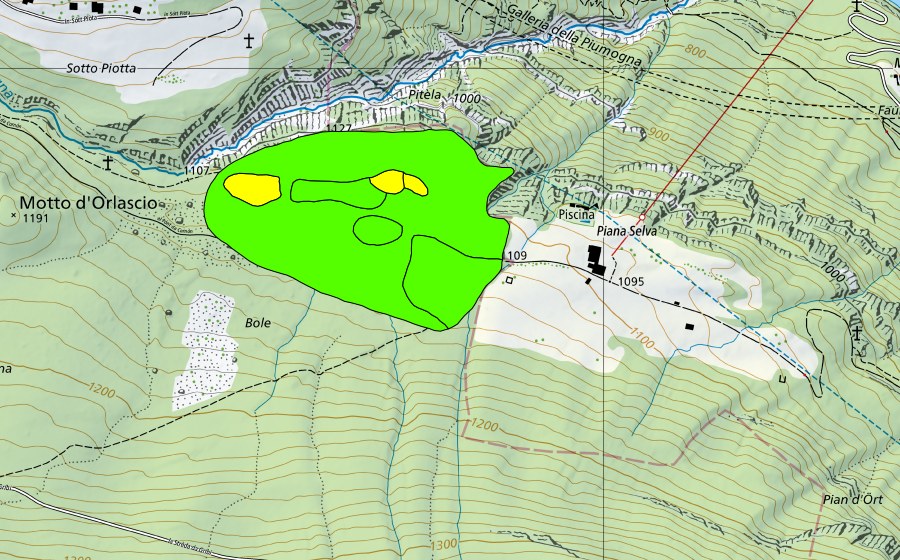 Landeskarte swisstopo mit dem Schutzperimeter von Bolle di Piana Selva (Hochmoor)
