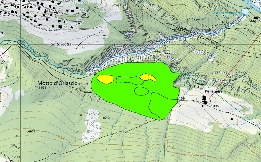 Carta nazionale swisstopo con il perimetro protetto di Bolle di Piana Selva (Torbiera alta)