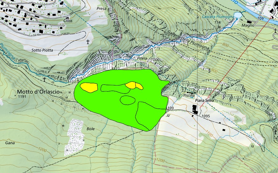 swisstopo national map showing the protected perimeter of Bolle di Piana Selva (Raised bog)