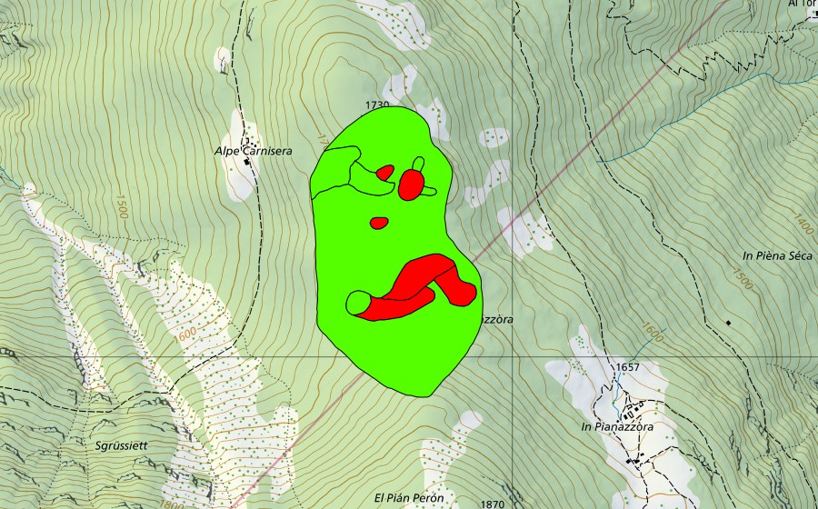 swisstopo national map showing the protected perimeter of Bolle di Pianazzora (Raised bog)