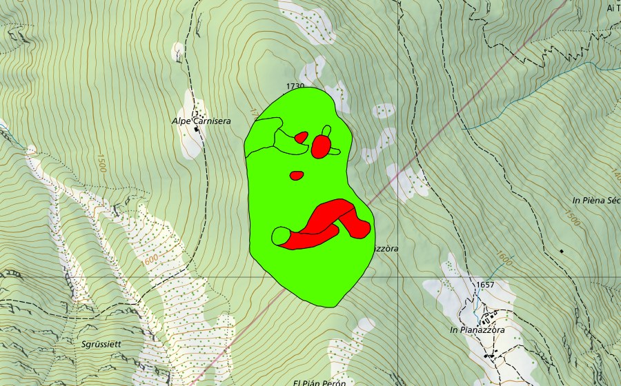 swisstopo national map showing the protected perimeter of Bolle di Pianazzora (Raised bog)