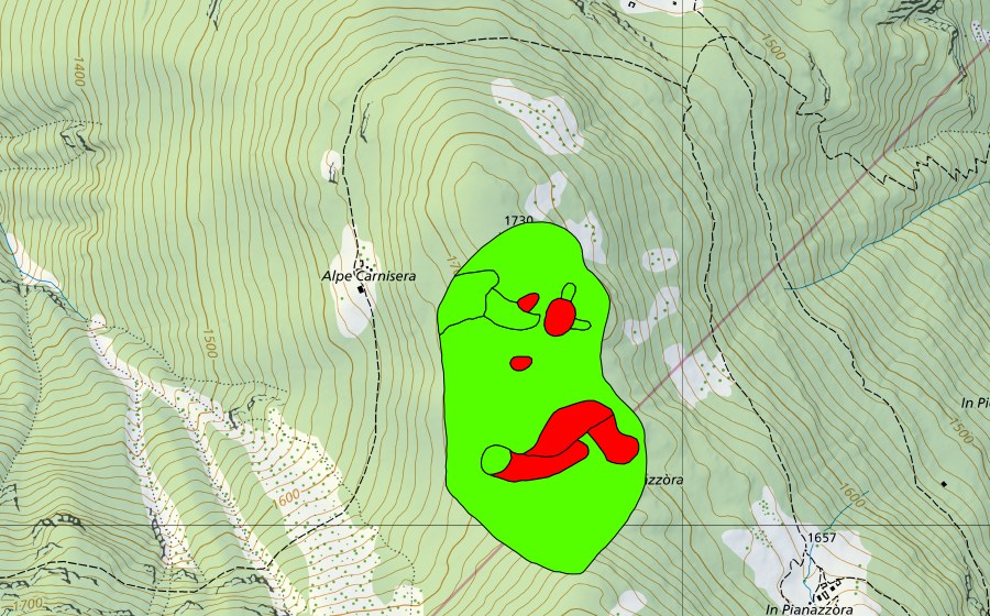 swisstopo national map showing the protected perimeter of Bolle di Pianazzora (Raised bog)
