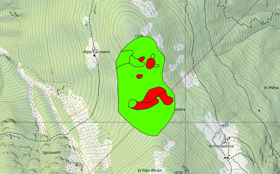 swisstopo national map showing the protected perimeter of Bolle di Pianazzora (Raised bog)