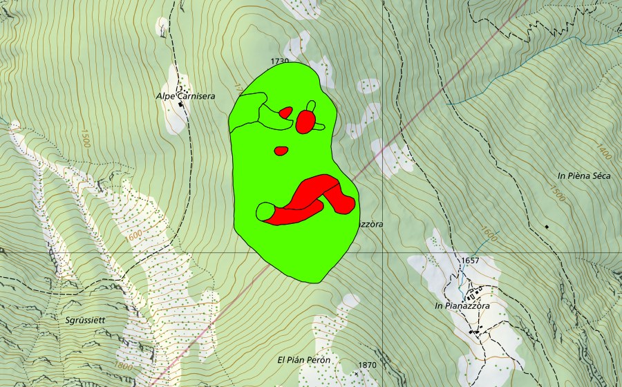 Carte nationale swisstopo avec le périmètre protégé de Bolle di Pianazzora (Haut-marais)