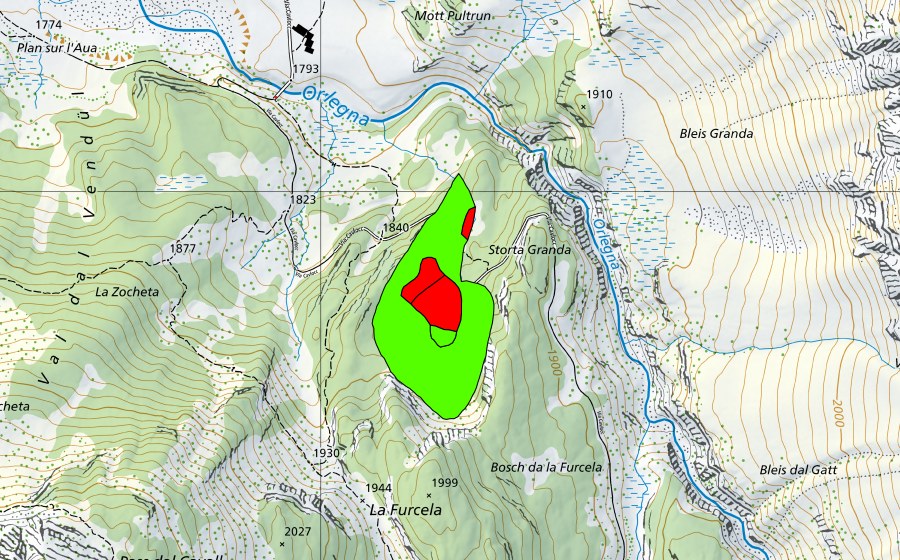 swisstopo national map showing the protected perimeter of Bosch da la Furcela (Raised bog)